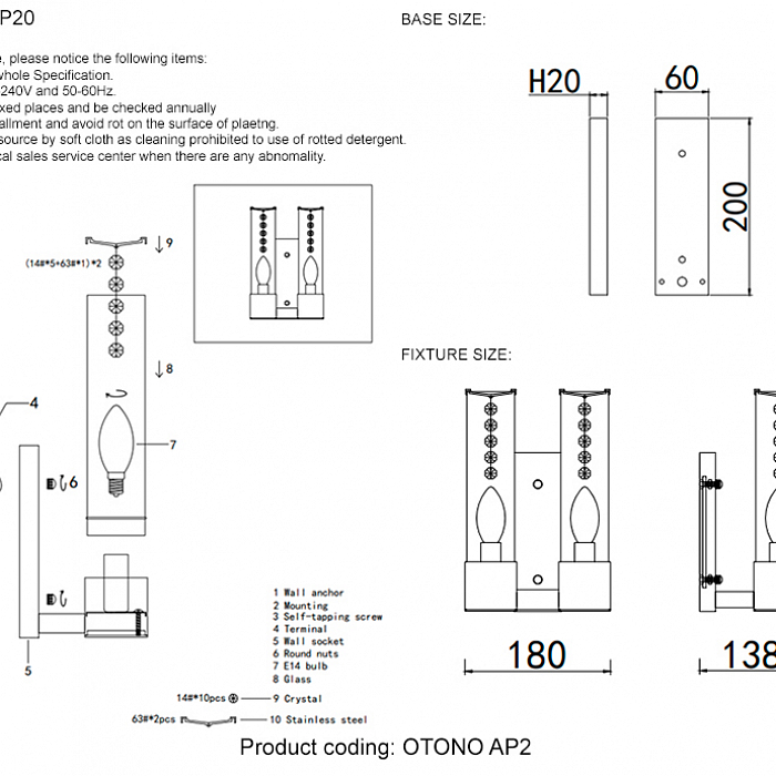 Бра Crystal Lux OTONO AP2 BRASS/TRANSPARENTE